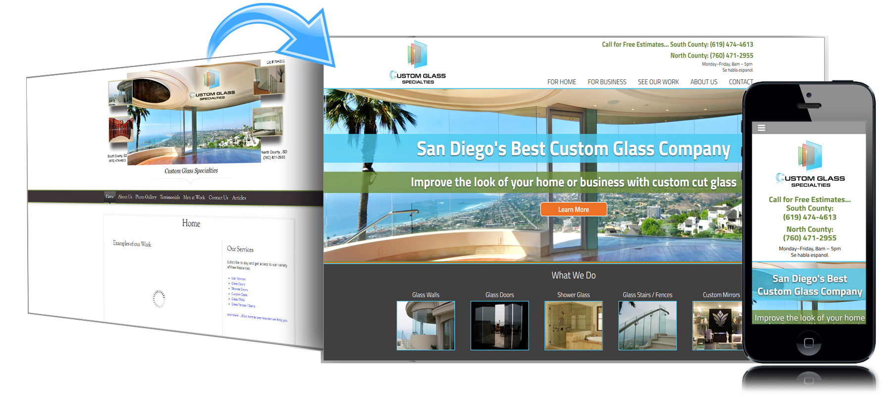 Before and After Website for Custom Glass Specialties of San Diego
