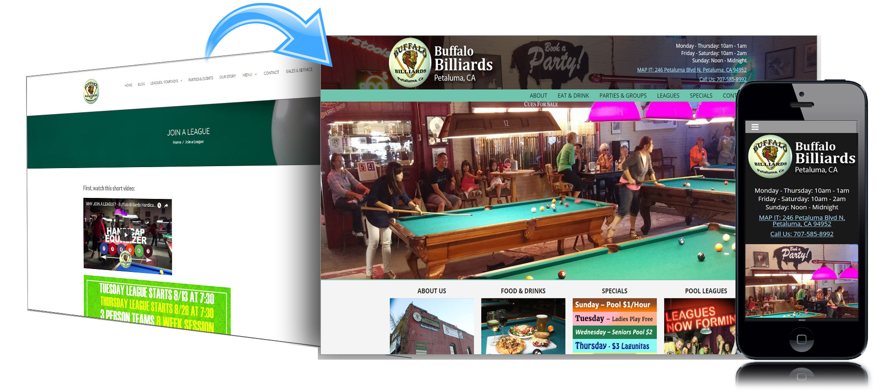 Before and After Website for Buffalo BIlliards Pool Hall of Petaluma
