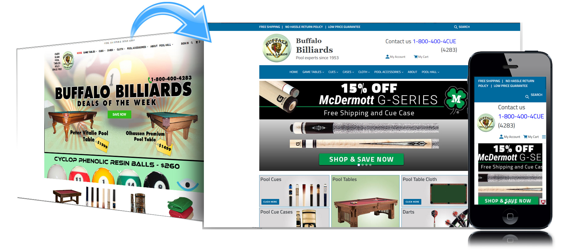 Before and After Website for Buffalo BIlliards eCommerce of Petaluma