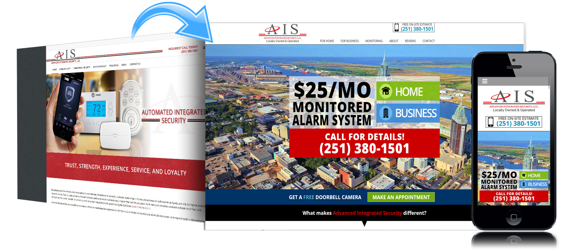Before and After Website for Advanced Integrated Security in Mobile, Alabama